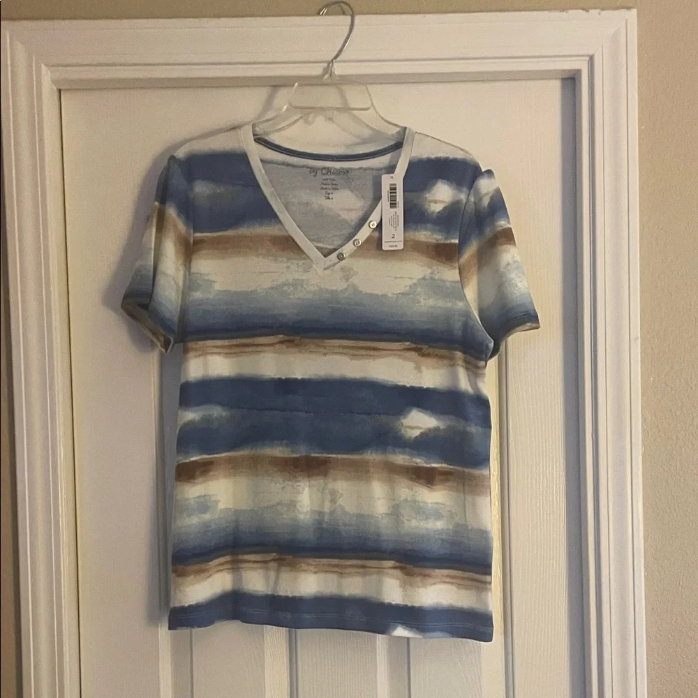 Chico’s Blue and Brown Striped V-Neck T-Shirt new Size L - Picture 1 of 4